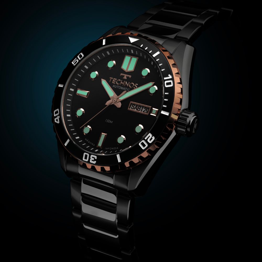Relógio Technos Masculino Automático Bicolor Diver 8205OY/1P – 150m, Miyota 21 Jewels, Caixa 43mm