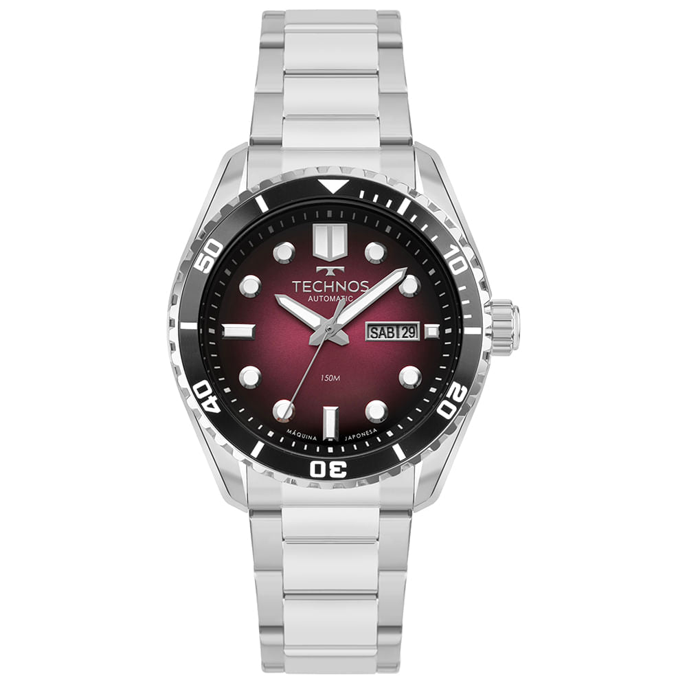 Relógio Technos Masculino Automático Prata Diver 8205PA/1R – 150m, Miyota 21 Jewels, Caixa 43mm
