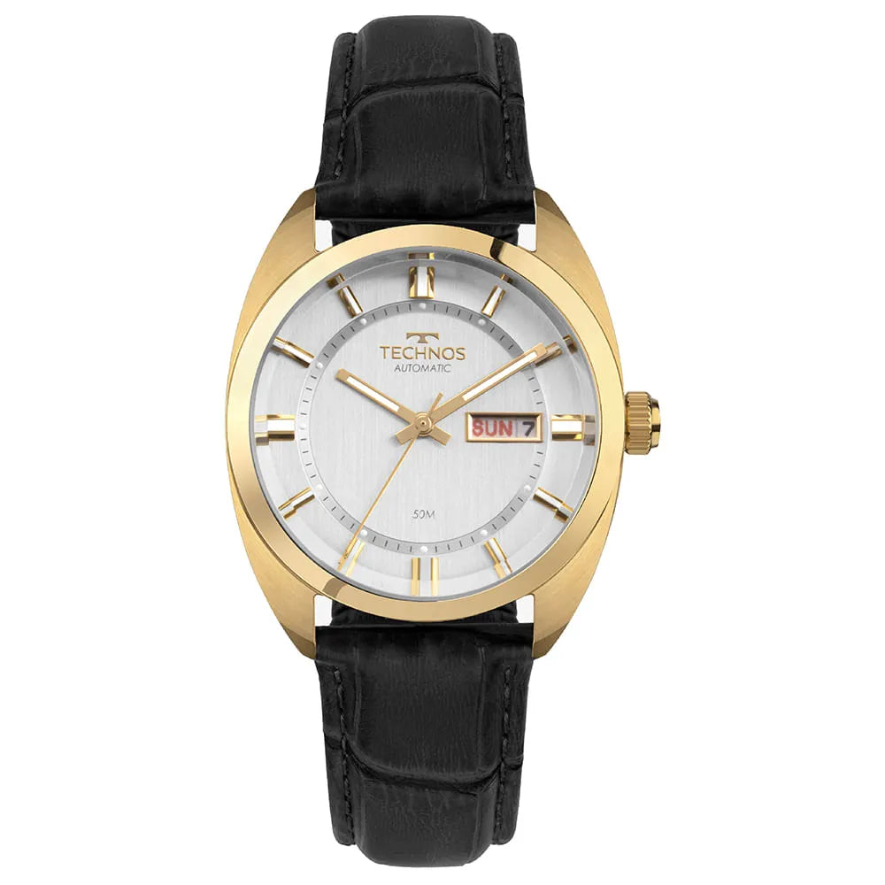Relógio Technos Masculino Automático Dourado 8205OW/0K – Caixa 40mm, Pulseira Couro Preto, 5 ATM