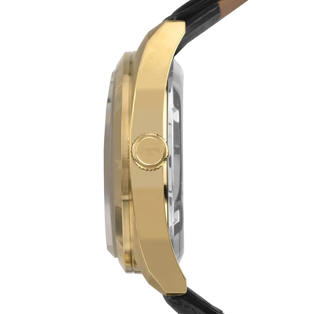 Relógio Technos Masculino Automático Dourado 8205OW/0K – Caixa 40mm, Pulseira Couro Preto, 5 ATM