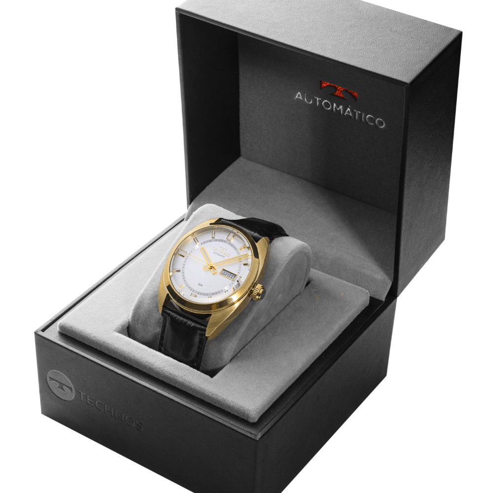 Relógio Technos Masculino Automático Dourado 8205OW/0K – Caixa 40mm, Pulseira Couro Preto, 5 ATM