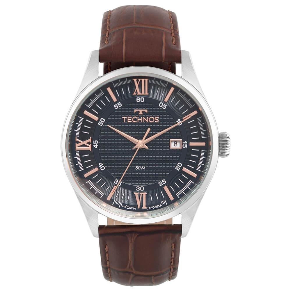 Relógio Technos Masculino Executive 2115TWG/0A – Caixa 42mm Aço Prata, Pulseira Couro Marrom, Calendário e Resistência 5 ATM