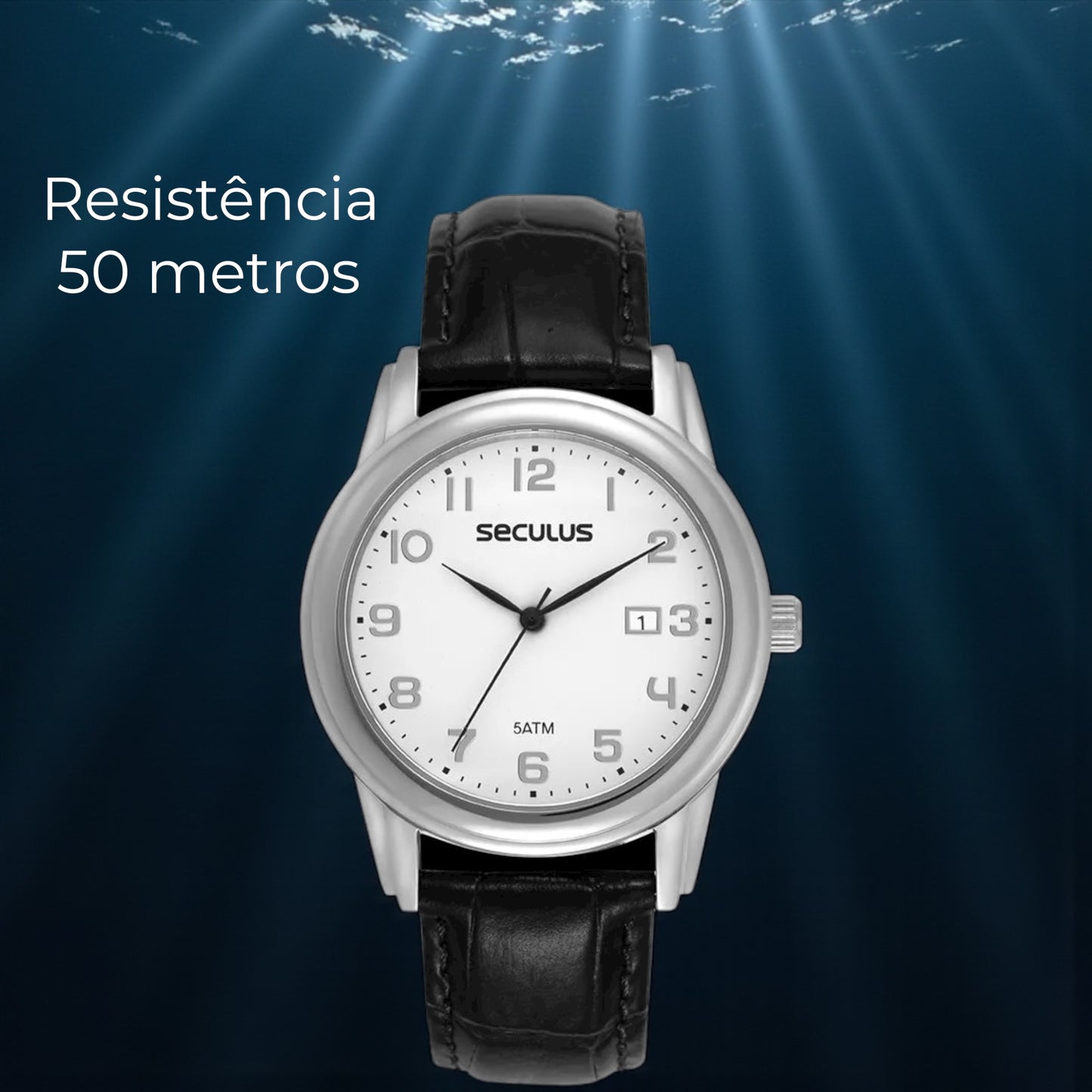 Relógio Masculino Aço Branco Couro Calendário