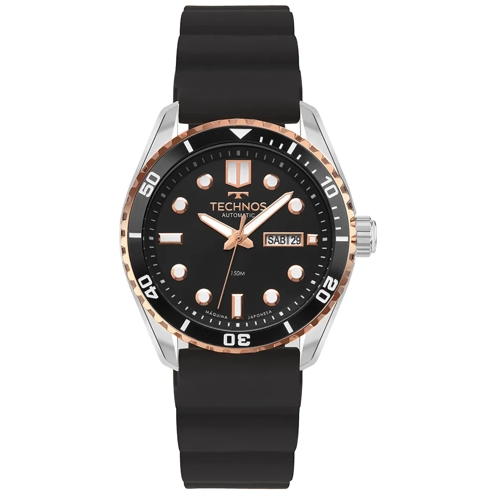 Relógio Technos Masculino Automático Bicolor Diver 8205PB/2P – 150m, Miyota 21 Jewels, Pulseira Silicone