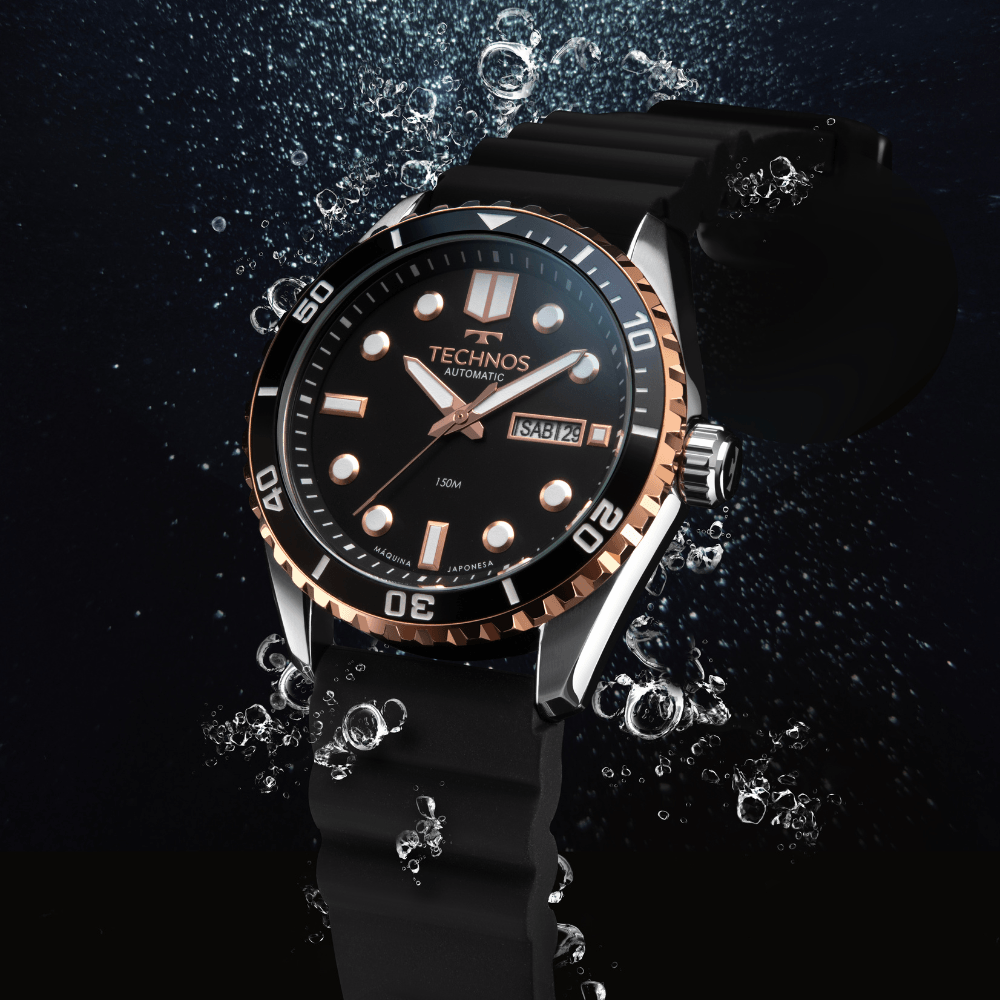 Relógio Technos Masculino Automático Bicolor Diver 8205PB/2P – 150m, Miyota 21 Jewels, Pulseira Silicone