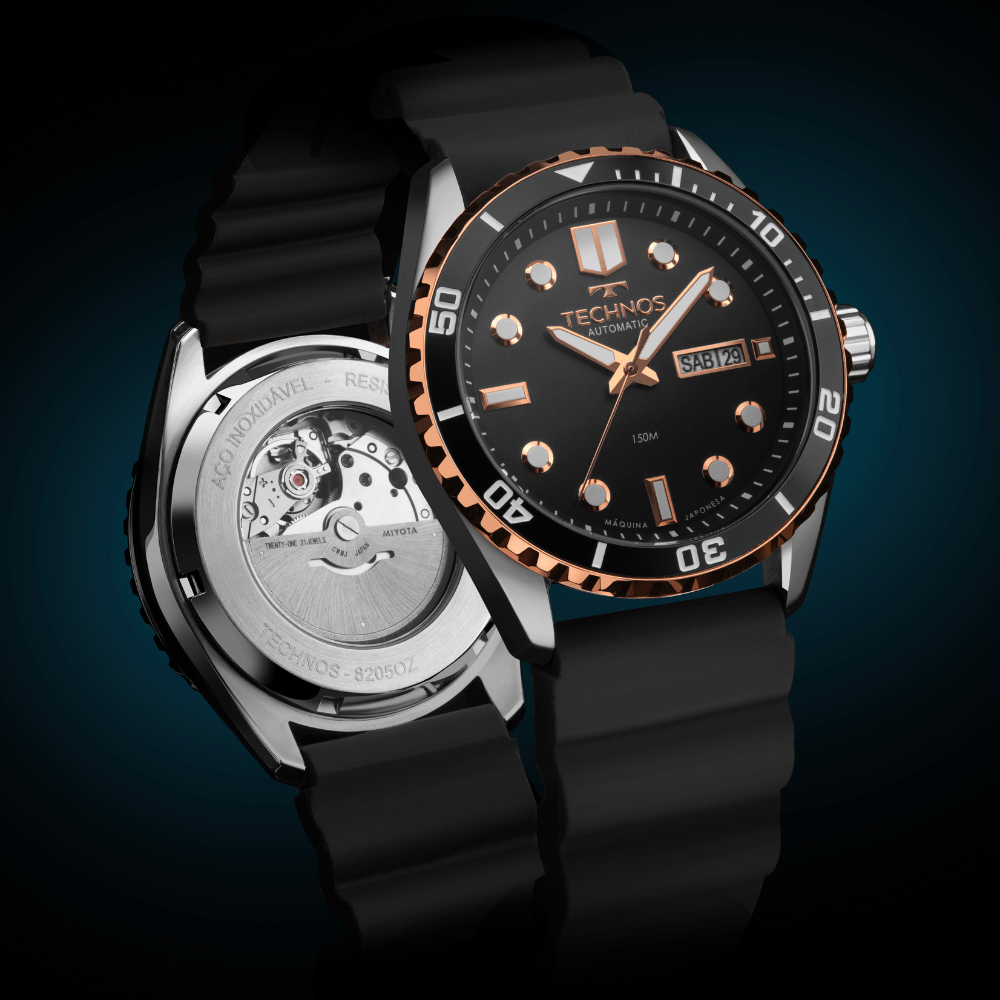 Relógio Technos Masculino Automático Bicolor Diver 8205PB/2P – 150m, Miyota 21 Jewels, Pulseira Silicone