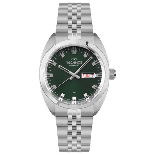 Relógio Technos Masculino Automático Prata – Caixa 40mm, Mostrador Verde, Aço Inoxidável
