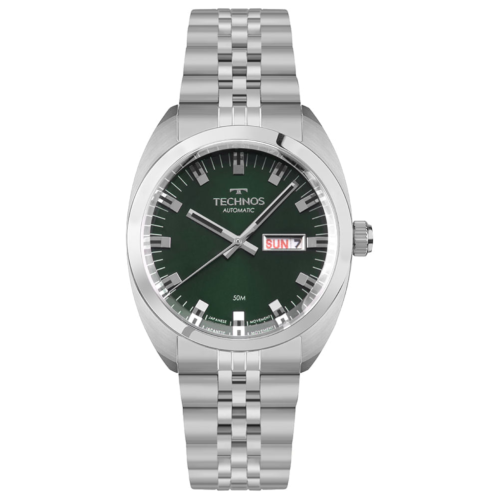 Relógio Technos Masculino Automático Prata – Caixa 40mm, Mostrador Verde, Aço Inoxidável