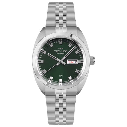 Relógio Technos Masculino Automático Prata – Caixa 40mm, Mostrador Verde, Aço Inoxidável