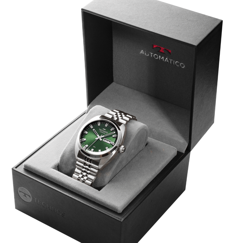 Relógio Technos Masculino Automático Prata – Caixa 40mm, Mostrador Verde, Aço Inoxidável