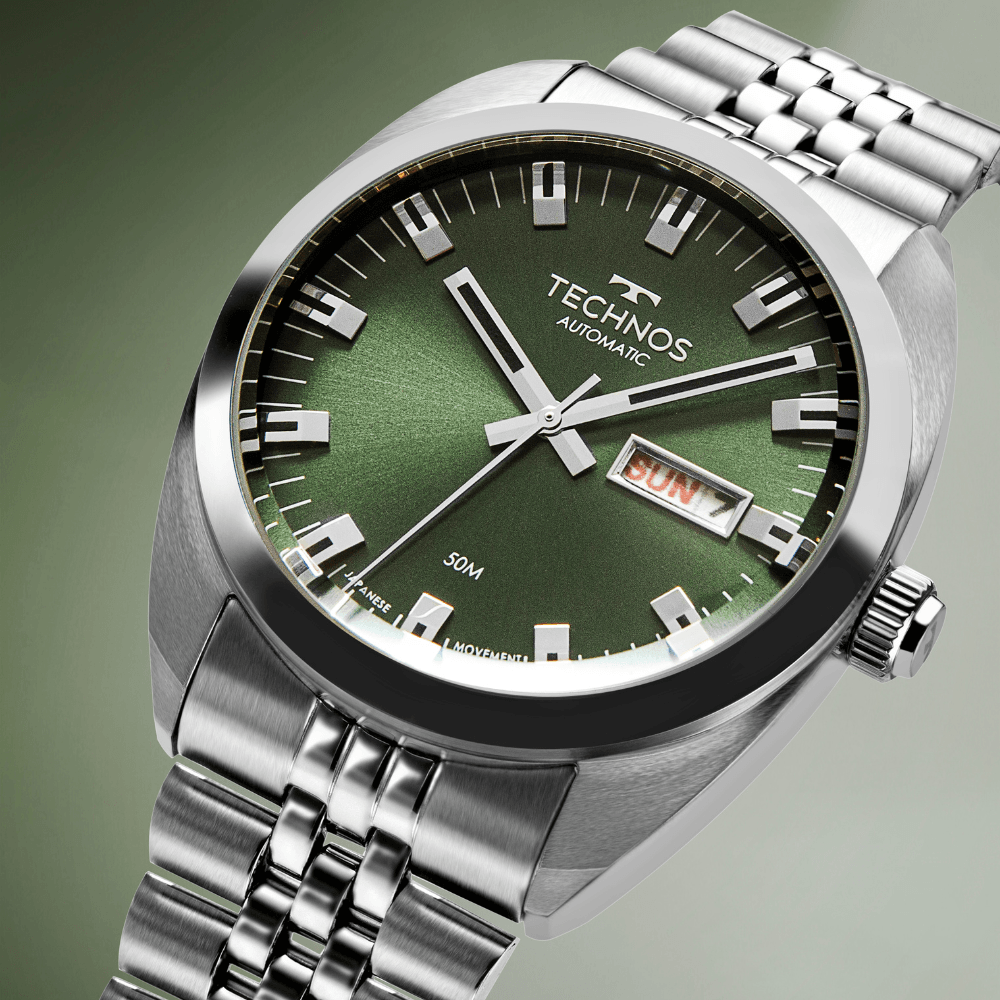 Relógio Technos Masculino Automático Prata – Caixa 40mm, Mostrador Verde, Aço Inoxidável