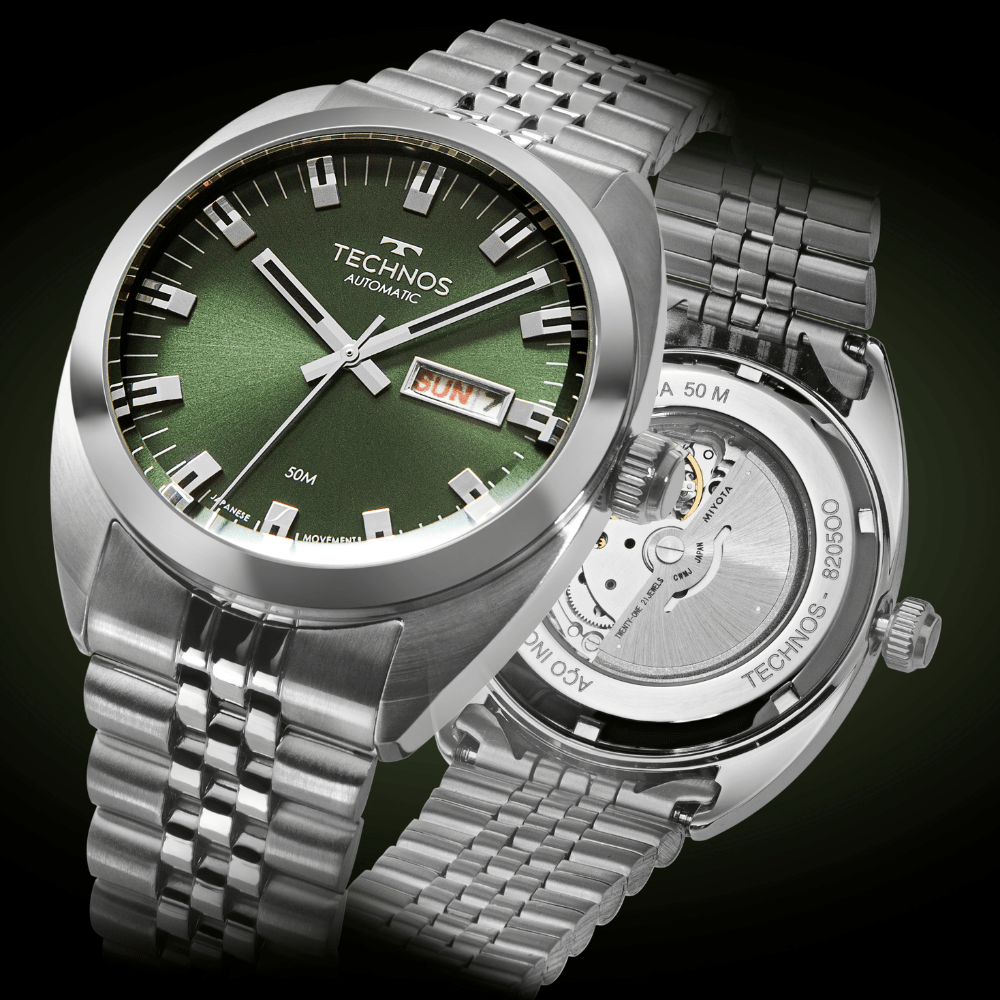 Relógio Technos Masculino Automático Prata – Caixa 40mm, Mostrador Verde, Aço Inoxidável