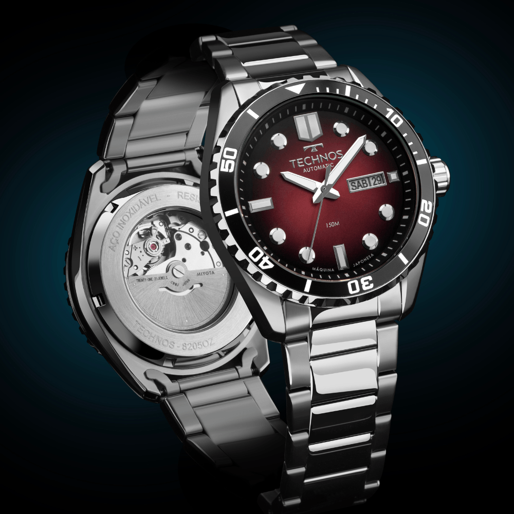 Relógio Technos Masculino Automático Prata Diver 8205PA/1R – 150m, Miyota 21 Jewels, Caixa 43mm