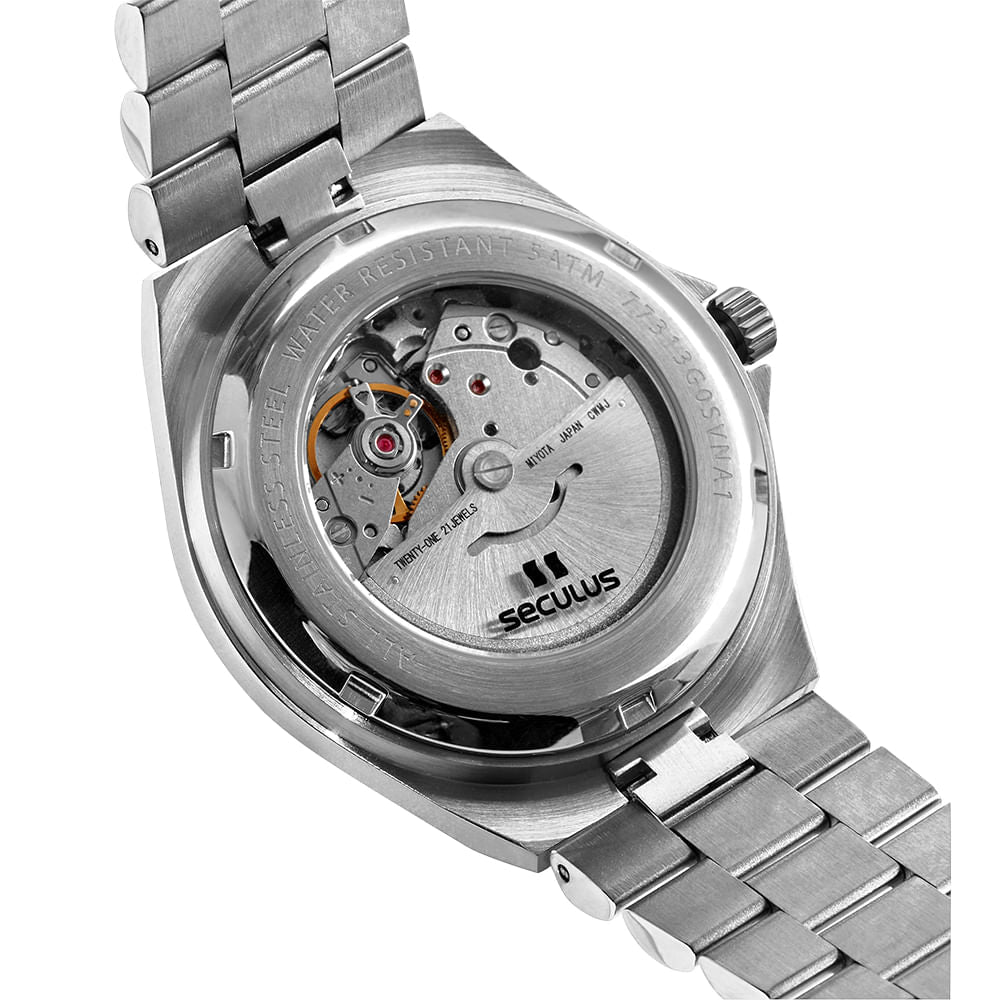 Relógio Seculus Masculino Automático Fundo Transparente Visor Preto – Safira, Miyota 8215, Caixa 40mm