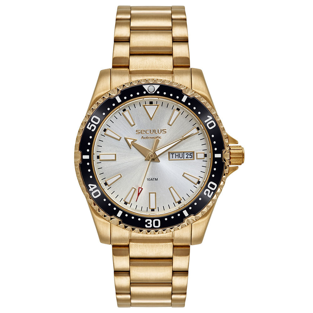 Relógio Seculus Automático Masculino Dourado Fundo Transparente 44237GPSVDA3 – Miyota 8205, Bisel Giratório, 42mm