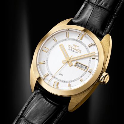 Relógio Technos Masculino Automático Dourado 8205OW/0K – Caixa 40mm, Pulseira Couro Preto, 5 ATM