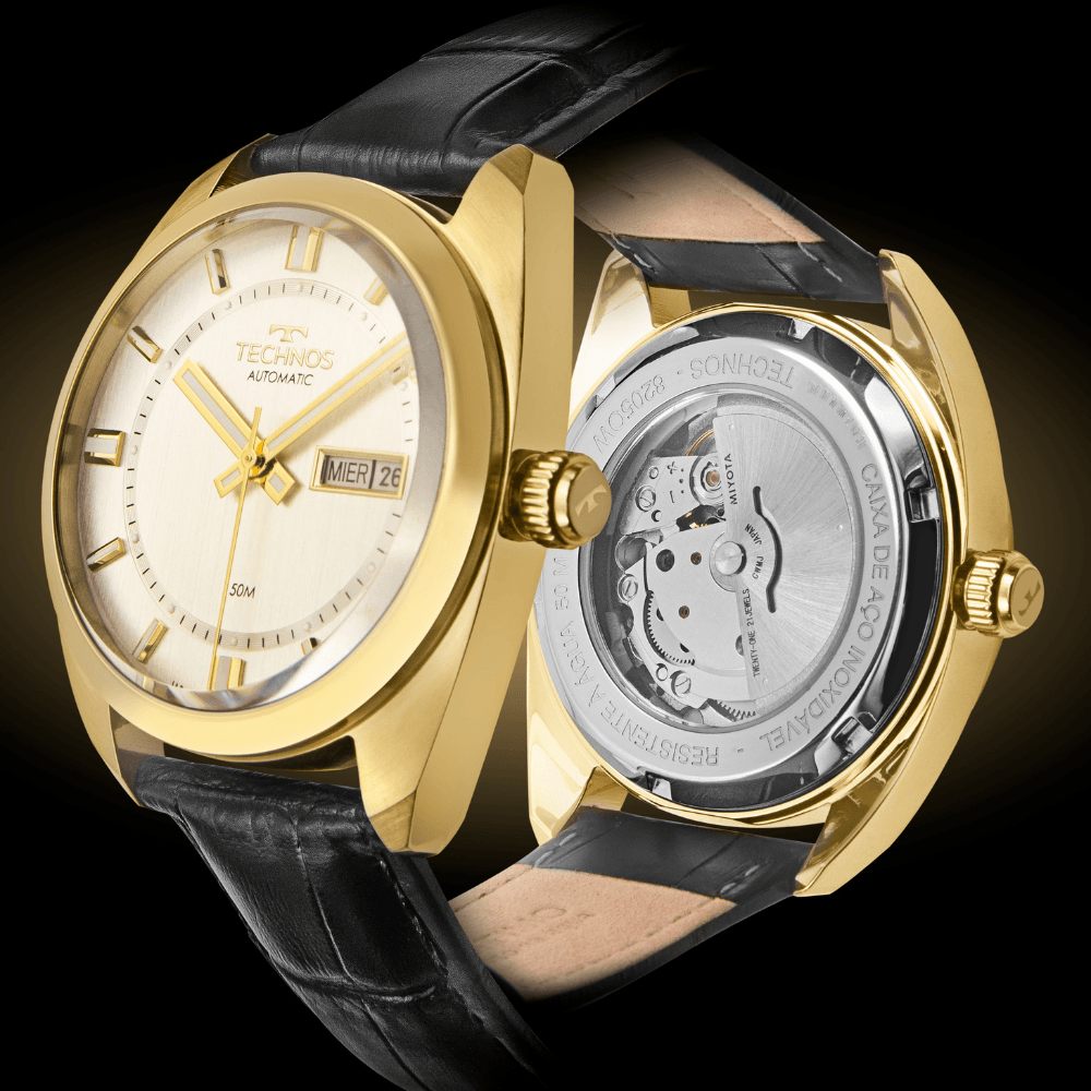 Relógio Technos Masculino Automático Dourado 8205OW/0K – Caixa 40mm, Pulseira Couro Preto, 5 ATM