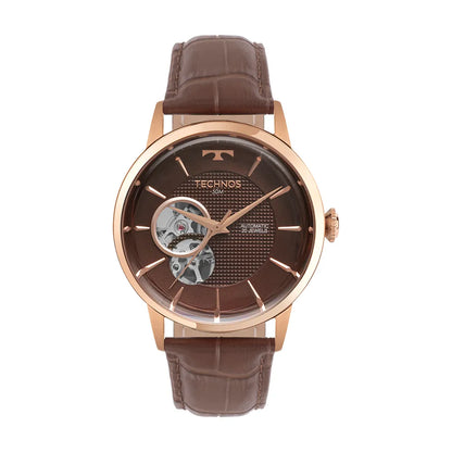 Relógio Technos Masculino Automático Rosé G3265AW/0M – Open Heart, Couro Marrom, Caixa 42mm, 50m