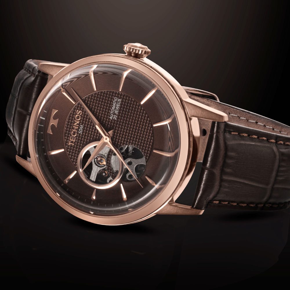 Relógio Technos Masculino Automático Rosé G3265AW/0M – Open Heart, Couro Marrom, Caixa 42mm, 50m