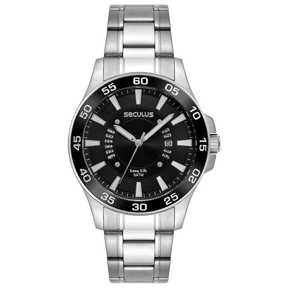 Relógio Séculus Masculino Aço Prata 23729G0SVNA1 – Caixa 44mm, Calendário, Mostrador Preto, Resistência 5 ATM