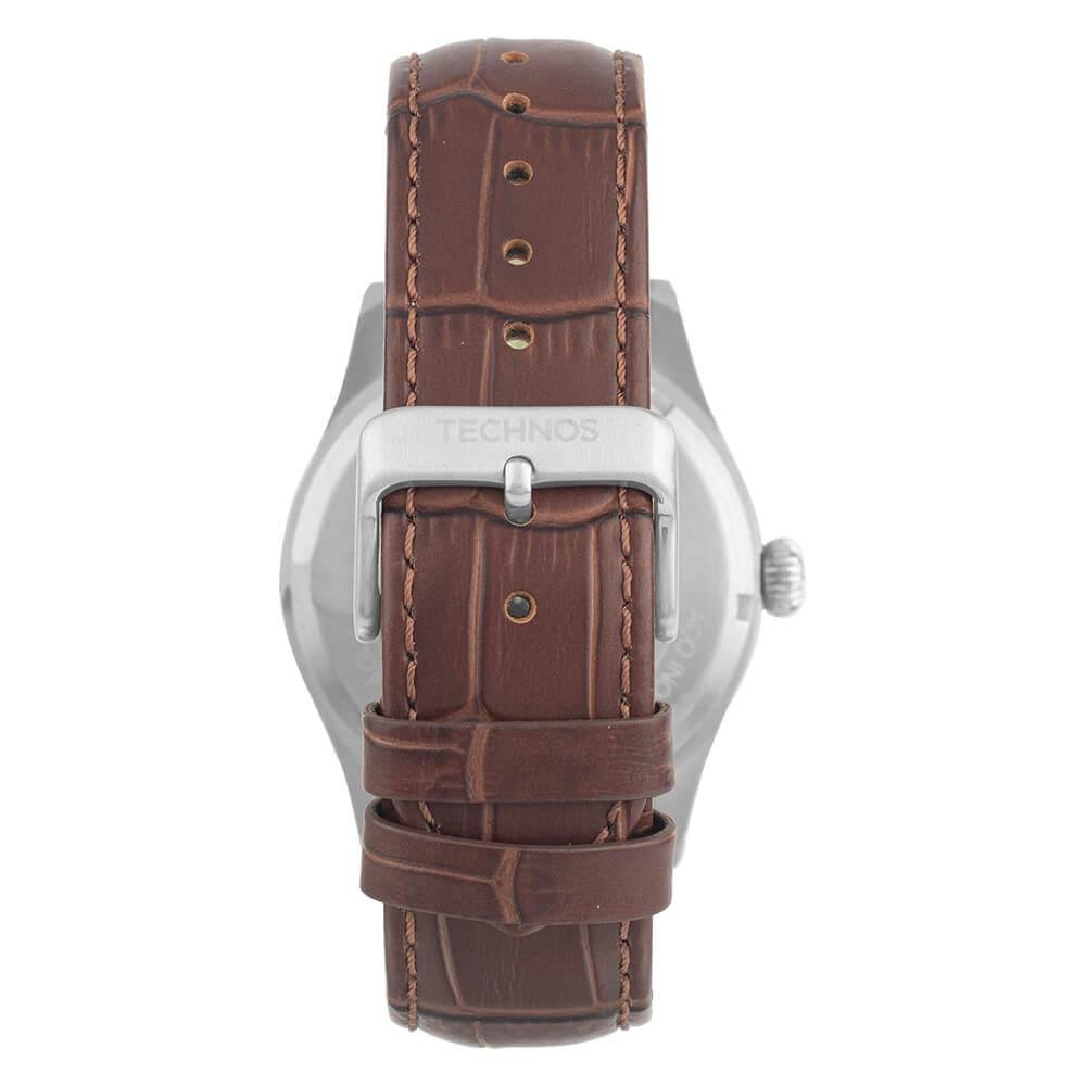 Relógio Technos Masculino Executive 2115TWG/0A – Caixa 42mm Aço Prata, Pulseira Couro Marrom, Calendário e Resistência 5 ATM