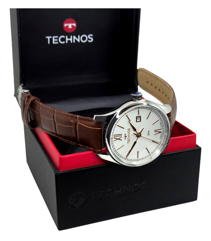 Relógio Technos Masculino Executive Prata com Pulseira de Couro Marrom 41mm - 2115TYZ/0E