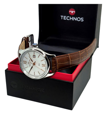 Relógio Technos Masculino Executive Prata com Pulseira de Couro Marrom 41mm - 2115TYZ/0E