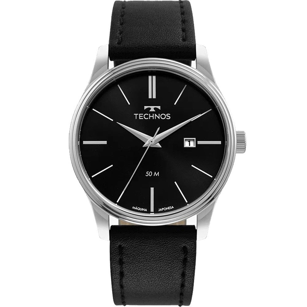 Relógio Technos Masculino Classic Steel Preto com Pulseira de Couro - 2115MXU/0P