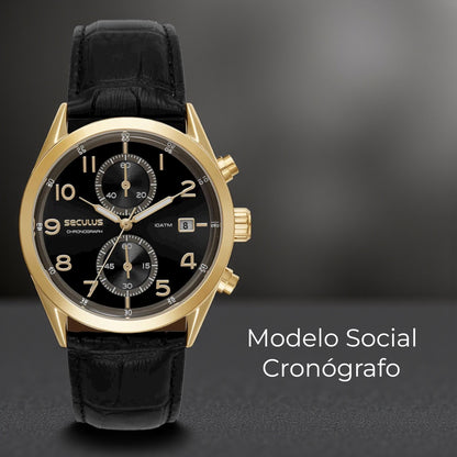 Relógio Masculino Analógico Cronógrafo Couro Croco Preto Referência: 77338GPSVDC2