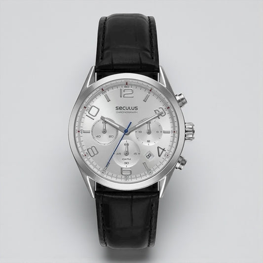 Relógio Masculino Cronógrafo Vidro Abaulado Couro Prata