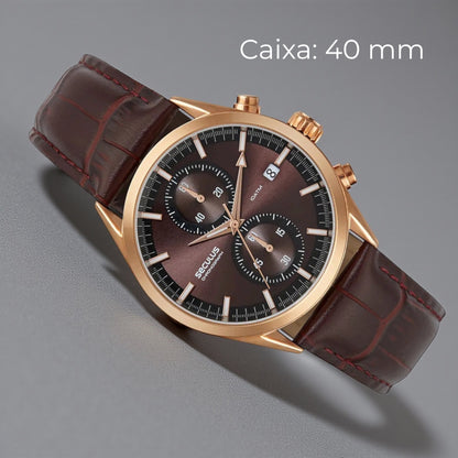 Relógio Masculino Cronógrafo Vidro Abaulado Couro Rosé