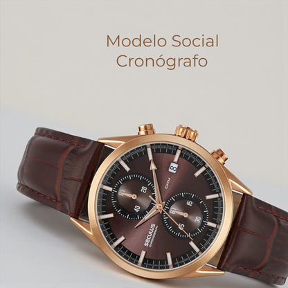 Relógio Masculino Cronógrafo Vidro Abaulado Couro Rosé