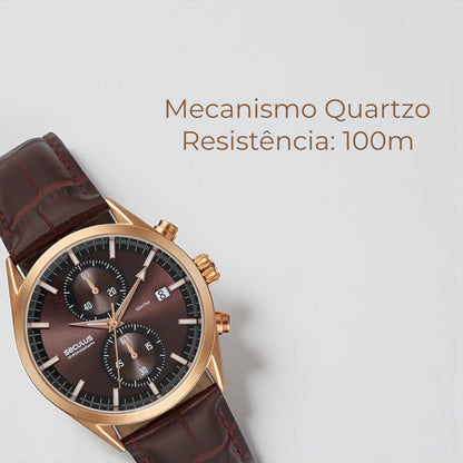 Relógio Masculino Cronógrafo Vidro Abaulado Couro Rosé