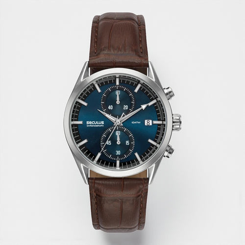 Relógio Masculino Cronógrafo Vidro Abaulado Couro Prata Referência: 77307G0SVNC1