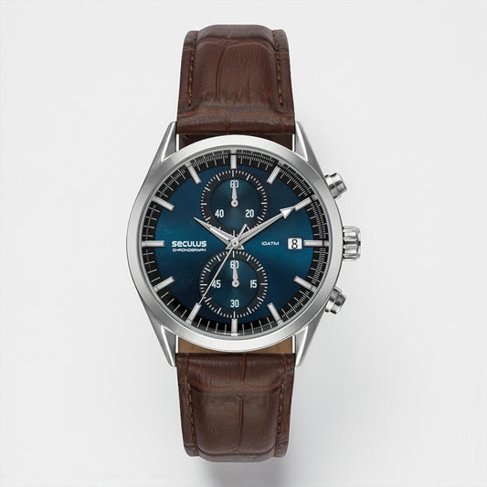 Relógio Masculino Cronógrafo Vidro Abaulado Couro Prata Referência: 77307G0SVNC1