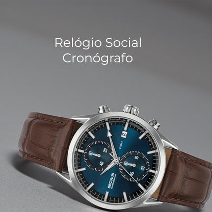 Relógio Masculino Cronógrafo Vidro Abaulado Couro Prata Referência: 77307G0SVNC1