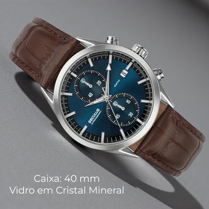 Relógio Masculino Cronógrafo Vidro Abaulado Couro Prata Referência: 77307G0SVNC1