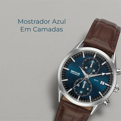 Relógio Masculino Cronógrafo Vidro Abaulado Couro Prata Referência: 77307G0SVNC1