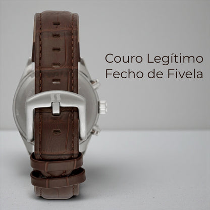 Relógio Masculino Cronógrafo Vidro Abaulado Couro Prata Referência: 77307G0SVNC1