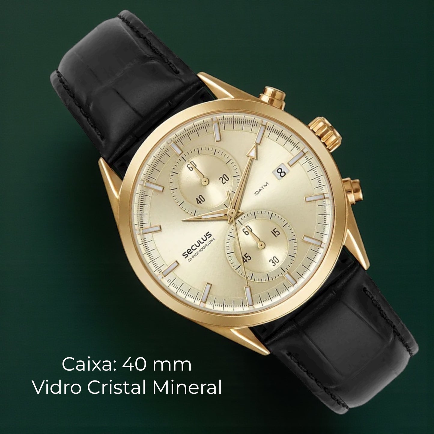 Relógio Masculino Cronógrafo Vidro Abaulado Couro Dourado Referência: 77307GPSVDC2