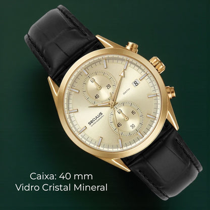 Relógio Masculino Cronógrafo Vidro Abaulado Couro Dourado Referência: 77307GPSVDC2
