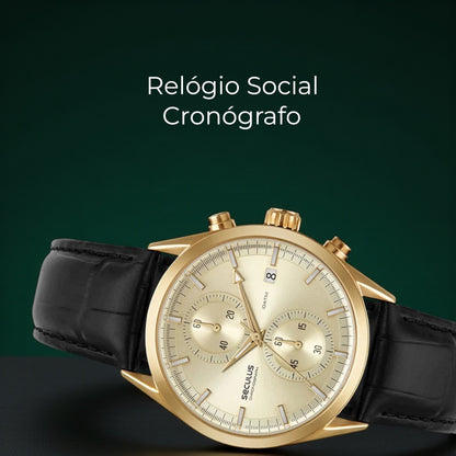 Relógio Masculino Cronógrafo Vidro Abaulado Couro Dourado Referência: 77307GPSVDC2