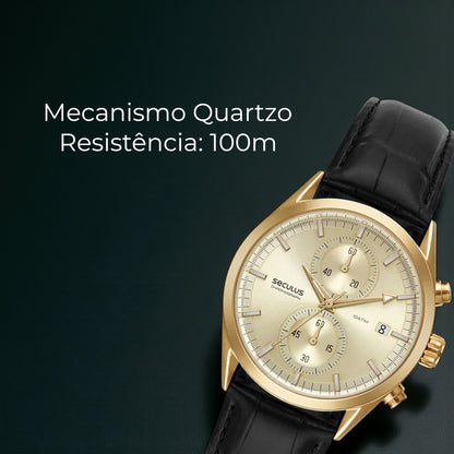 Relógio Masculino Cronógrafo Vidro Abaulado Couro Dourado Referência: 77307GPSVDC2