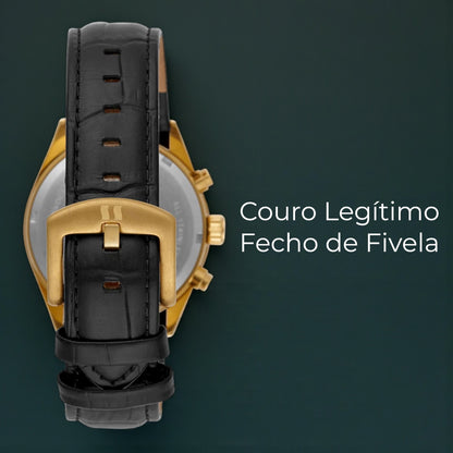 Relógio Masculino Cronógrafo Vidro Abaulado Couro Dourado Referência: 77307GPSVDC2