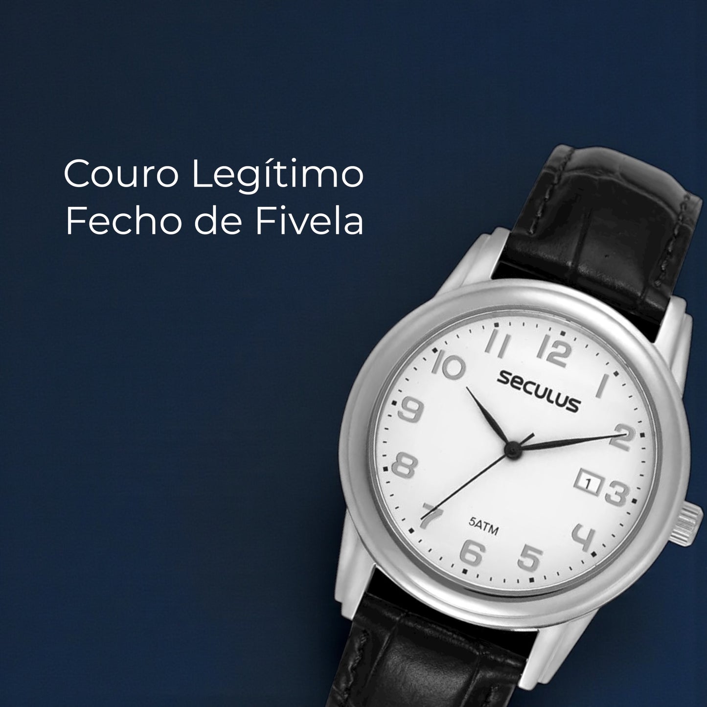 Relógio Masculino Aço Branco Couro Calendário